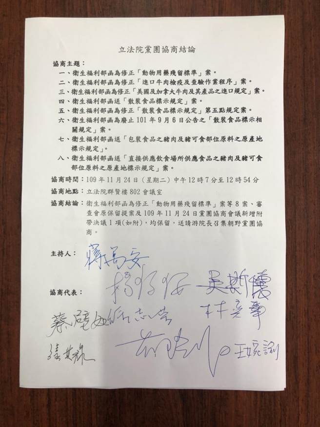 立法院卫环委员会今天协商审查「开放莱猪进口8项行政命令」，国民党团主张全部废止、退回，不过协商未果，最终朝野同意待立法院长游锡堃主持协商再议。（民眾提供）
