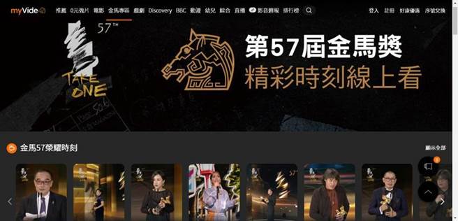 台湾大myVideo直播金马奖，收视人次创新高，myVideo APP下载爆棚，衝上iOS与Android平台前三名。图／台湾大提供