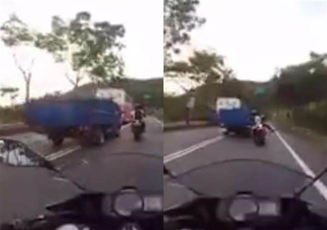 货车「故意杀人式超车」重机骑士惨遭击落，驾驶到案遭法办。(（图／翻摄自重机车友各区路况、天气回报中心）