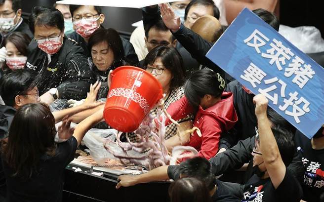 27日蓝绿在立法院院会上大打出手，蓝营甚至还在立院中抛撒猪内臟，但此番举动却引来自家青年军质疑。图为国民党立委郑丽文（左下）将整桶猪内臟倒在发言台上。（姚志平摄）