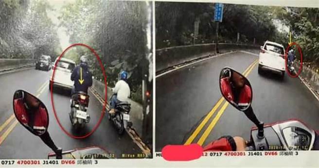 骑士违规超车的画面被后方车辆拍下检举。（图／翻摄脸书／爱新庄我是新庄人）