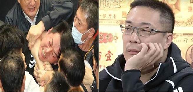 行政院长苏贞昌27日前往立法院进行施政报告，蓝绿两党立委一度上演全武行，放话要「1打35」的基进党立委陈柏惟（中）在出手攻击立委郑天财后，即遭立委林为洲（右2）架住脖子拖出主战场。宅神 朱学恒(图右)。（图/合成图，杜宜谙摄，朱学恒脸书）