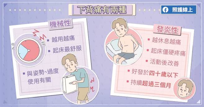 下背痛有两种：机械性、发炎性。(图/照护线上提供)