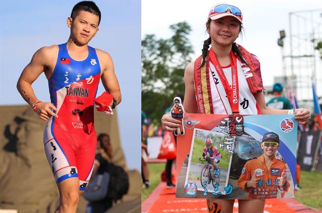 黑鹰副驾驶刘镇富少校（左）1月殉职，妻子11月带着他的照片挑战铁人三项竞赛。（合成图／摘自刘镇富脸书、青年日报）