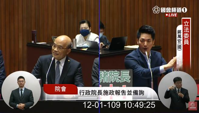 蒋万安炮火猛攻，苏贞昌（左）突转头微微一笑。（图／立法院直播画面）
