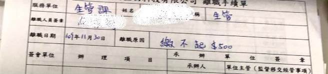 女网友PO出离职单，离职理由写「缴不起500元」。（图／翻摄自脸书爆怨2公社）