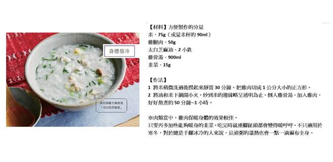 藥膳師的生命力餐桌：雞肉韭菜粥。（資料來源：高寶出版提供／合成圖：梁惠明）