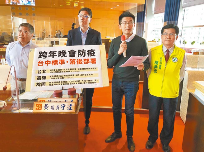 市議員黃守達（右二）昨日質詢說，中央公園容納人數僅有5萬人，跨年場不僅有爆滿危機，更可能成防疫破口。（陳世宗攝）