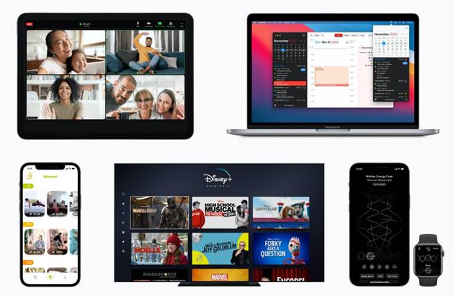 App Store 2020 年度最佳 App (左至右、上至下）依序是：《Zoom》、《Fantastical》、《Wakeout!》、《Disney+》、《Endel》。（蘋果提供／黃慧雯台北傳真）

