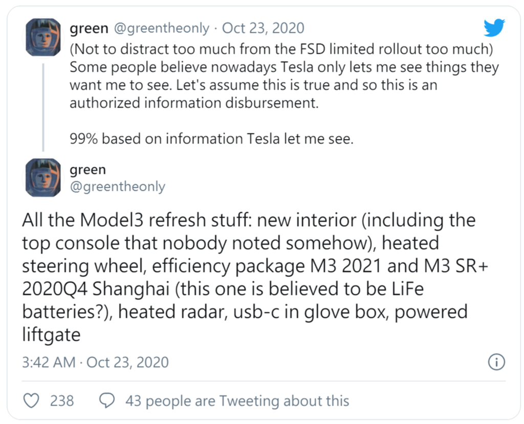 2021 年新版 Model 3 證實配有加熱方向盤，將在下一波節日軟體更新釋出