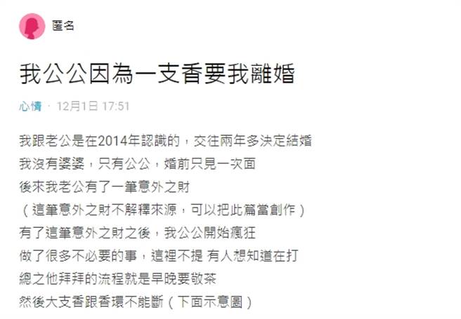 女子的公公很迷信，认为线香不能断或烧完。（图／翻摄自Dcard）