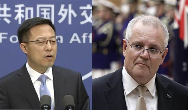 陆外交部发言人转发讽刺漫画事件引发中澳外交风波愈演愈烈，澳总理莫里森微信发言亦遭屏蔽。（图／合成图）