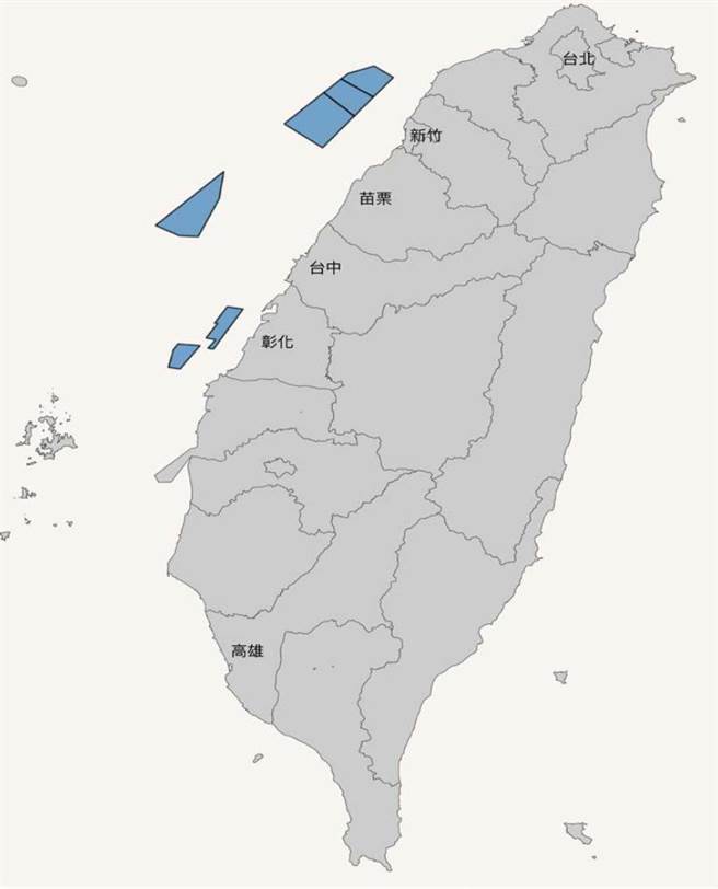 丹麦外商CIP今公布六处离岸风力规画场址，包括新竹的沨泛、沨成，苗栗的沨利、台中的沨妙，云林的沨佑、福芳，容量总计6.3GW。(图：CIP提供)    