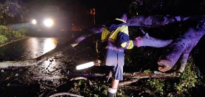 近来豪大雨造成台东长滨乡南溪部落路树倒塌，唯一联外道路中断，樟原派出所所长何顺吉霸气手持电锯排除障碍。（台东县警局提供／蔡旻妤台东传真）
