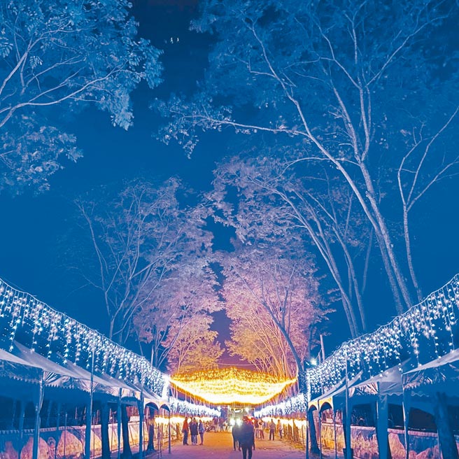 太麻里乡公所在金崙火车站前布置近200米的「灯海大道」，吸引许多游客打卡朝圣。（打个蛋海旅提供／蔡旻妤台东传真）