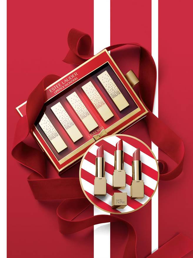 大葉高島屋的ESTEE LAUDER 夢幻市集5色唇彩聖誕限量套組，價值3250元，特價2800元，限量3組。（大葉高島屋提供）