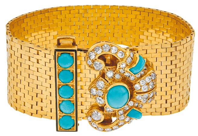 梵克雅宝Heritage典藏系列1935年的Ludo骨董手鐲，K金镶绿松石、黑色尖晶石、钻石，另含同系列胸针，506万。（Van Cleef & Arpels提供）