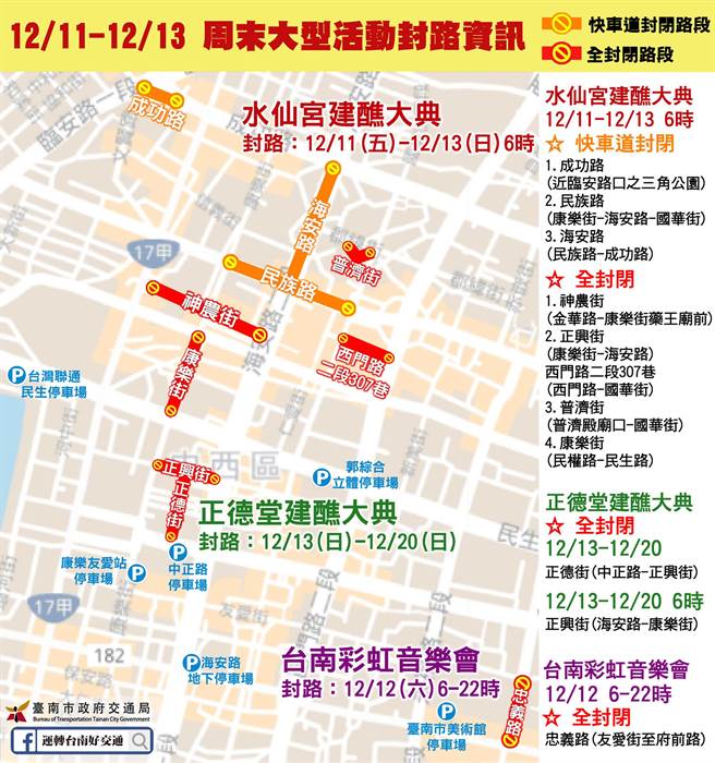 台南市政府交通局公布12月第2個周末台南市區封路資訊。（交通局提供／洪榮志台南傳真）