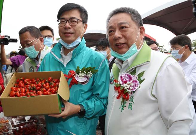 高雄市長陳其邁向民眾推薦路竹區小番茄，說是全台灣最好吃的小番茄。（林雅惠攝）