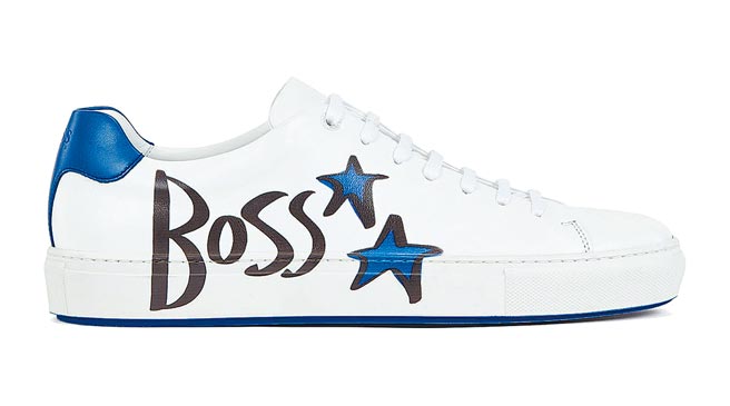 Boss x Justin Teodoro假日聯名系列白色塗鴉運動鞋，1萬3400元。（Boss提供）