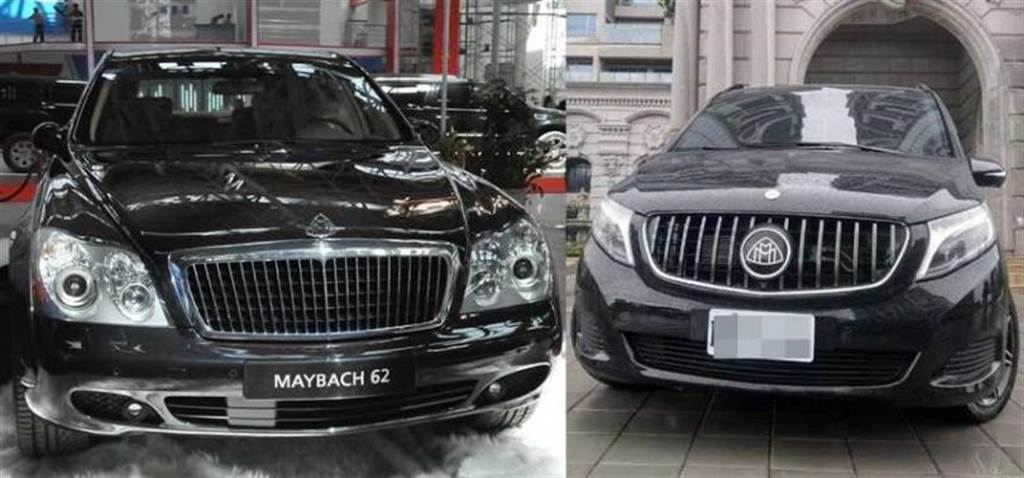 鍾男對外號稱保母車是頂級豪車邁巴赫（Maybach）（左），號稱價值千萬，全台僅此一輛，但實際上卻是拼裝車（右）。（圖／新華社、讀者提供）