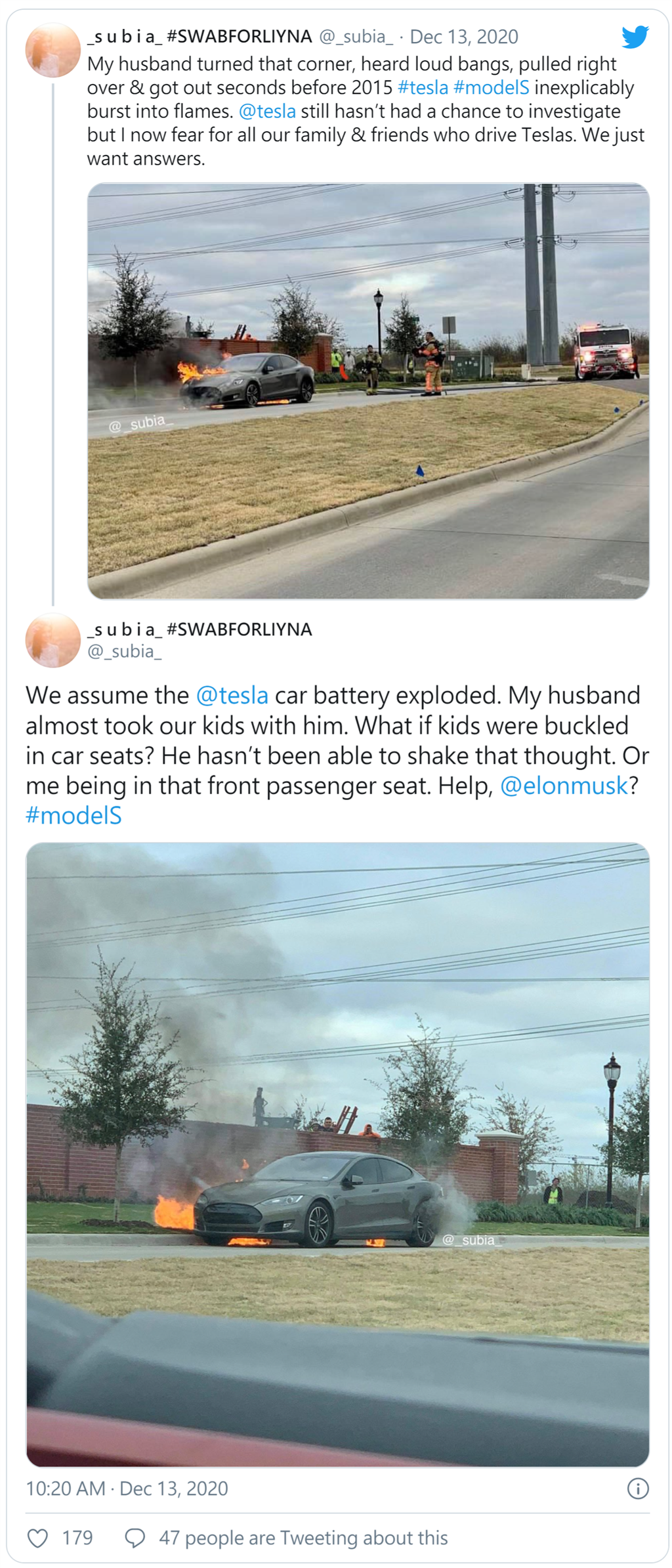 Model S「砰」巨響後在路邊起火燒毀，車主控特斯拉消極不調查