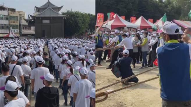 屏东潮州福安宫今进行「千人移庙大典」，现场涌入1000人合力拉着8条粗麻绳，顺利让宫庙移动40公尺。（图／翻摄自屏东迷PingtungMeaning脸书）