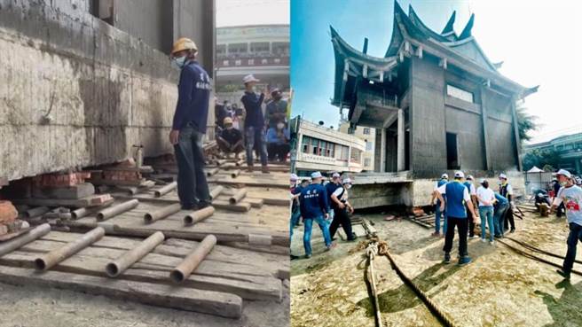 屏东潮州福安宫今进行「千人移庙大典」，现场涌入1000人合力拉着8条粗麻绳，顺利让宫庙移动40公尺。（图／翻摄自屏东迷PingtungMeaning脸书）
