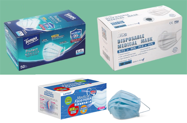 图为受测试的3款声称来自台湾的口罩：Tempo医用卫生口罩（左上）评为3.5分，口罩耳带在测试中断裂；Fresh Disposable Medical Mask（右上）获评为4分，声称BFE 99%，样本测试略低至98.8%；莱洁医疗防护口罩（下）获评为4分。（图／香港消委会图片、莱洁官网图片）