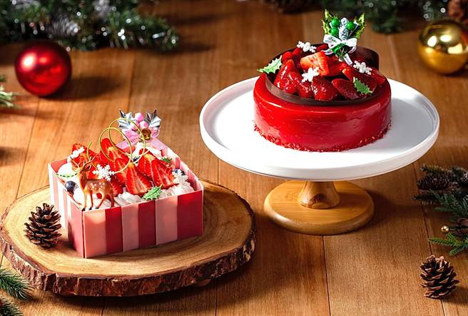 國賓飯店〈Corner Bakery 63〉國賓麵包房，推出6吋的〈聖誕紅酒草莓慕斯蛋糕〉，中心填入以法國愛樂薇奶油乳酪製成的起士布蕾，再鋪上混合波特紅酒而成的草莓慕斯，最後於光滑淋面上妝點鮮嫩欲滴的草莓。（圖／台北國賓飯店）
