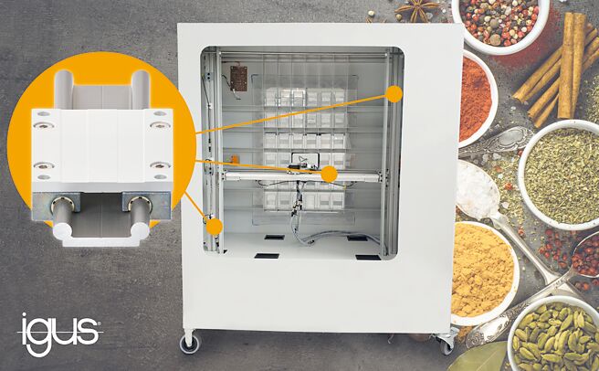 drylin W直线滑轨装置，可确保在香料自动贩卖机中进行免上油调节。图／igus GmbH提供