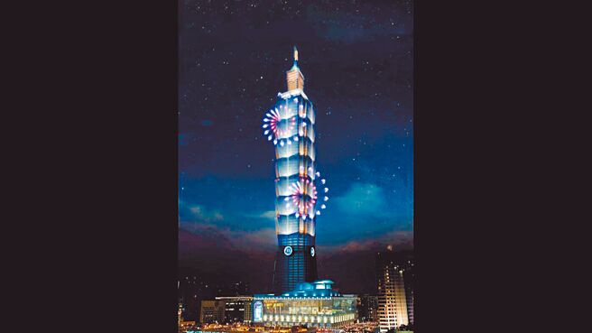 台北101煙火採360度全景視角，四面立體方式呈現，今年首次全新推出360度立體特效輪狀煙火。（台北101提供）