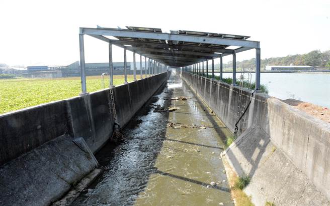 特地挑高的圳路型太阳能光电，未来不影响清淤工程。（林和生摄）
