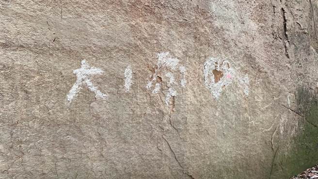 彰化市一線天祕境內山壁遭人刻字、塗鴉破壞，青苔上也出現一條條刮痕。（謝瓊雲攝）