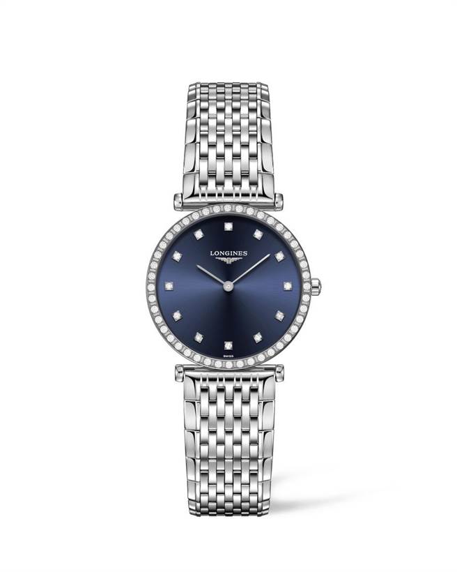 浪琴表 La Grande Classique 嘉嵐系列藍面鑽圈腕表，11萬1000元。（Longines提供）