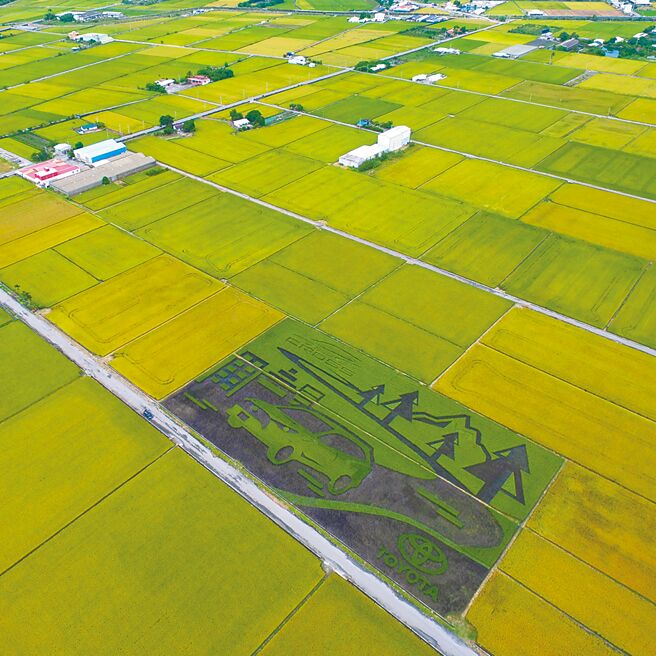 和泰汽车藉由COROLLA CROSS「跨界」精神，与在地小农「务农夫妇」跨界合作，透过创意彩绘稻田方式，将车辆造型种植在花莲玉里农地上，创意行销获得热烈回响。（和泰汽车提供）