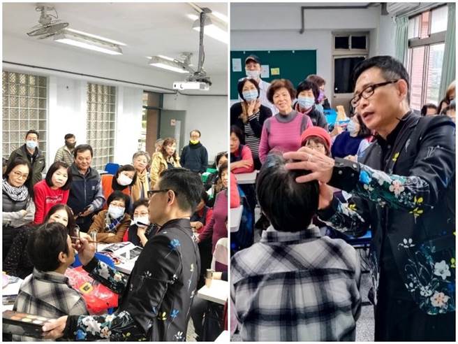 在经国学院指导乐龄学员们画耶诞彩妆。 