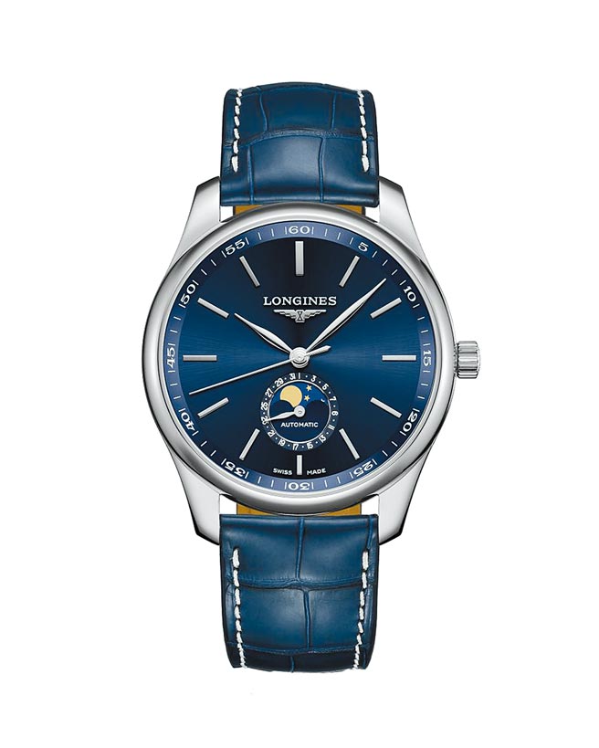 浪琴表Master巨擘系列蓝色面盘月相腕表，7万8800元。（Longines提供）