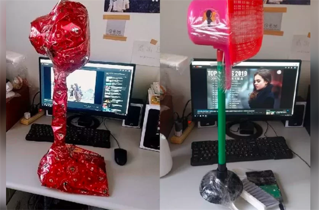 去年也有網友以為「電風扇」，結果拆包裝後，才發現是用畚箕、馬桶刷、塑膠籃、水瓢、掃把頭拼接而成的。（圖／翻攝自臉書爆廢公社二館）