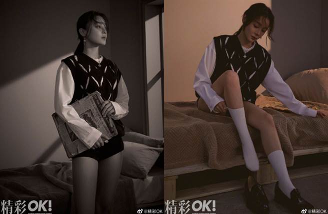 袁姗姗穿上学院风毛衣配热裤，下身全空只穿上长袜，展现整双白嫩铅笔腿。（图／摘自微博@精彩OK）
