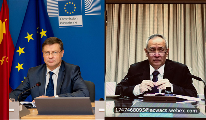 進行了5年多的中歐投資協定談判已進入最後階段，但消息人士指出，北京拒絕在國際勞工權利等人權問題上讓步，成為最後的障礙。圖左為歐盟執委會副主席東布洛夫斯基斯，圖右為中方談判代表副總理劉鶴。（圖／@VDombrovskis)
·