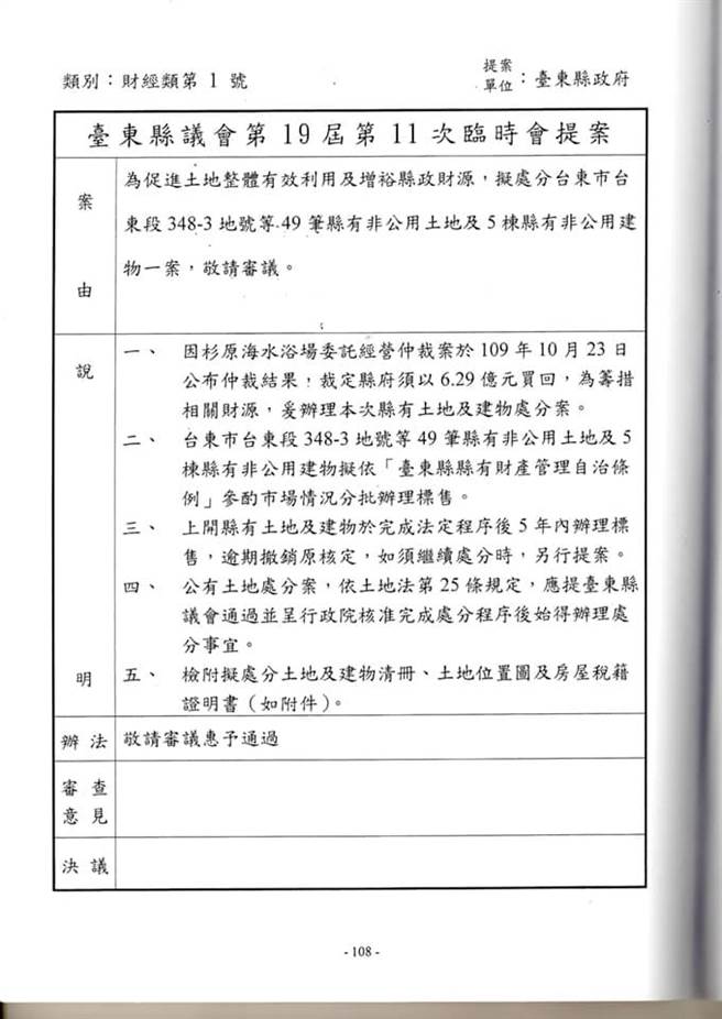 台东县府为筹得买回美丽湾建物的6.29亿元，打算标售5600坪县有土地，并于22日召开记者说明会，预估土地卖出后可筹得逾2亿元，但部分民眾表示，若依县府标准计算，总价超过10亿，可以买下近2个美丽湾。（议员黄治维提供／蔡旻妤台东传真）