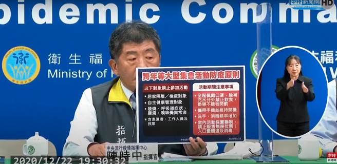 指挥中心22日公布新增一本土案例，晚间又加开记者会，宣布不限制跨年等大型集会活动，指挥官陈时中说明相关防疫指引。(中时新闻网yt频道)。