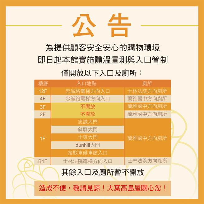 大叶高岛屋今日在脸书发出声明，表示将于今日闭店后自主消毒，且明(23日)起实施体温测量及出入口管制。(图翻摄自大叶高岛屋脸书)