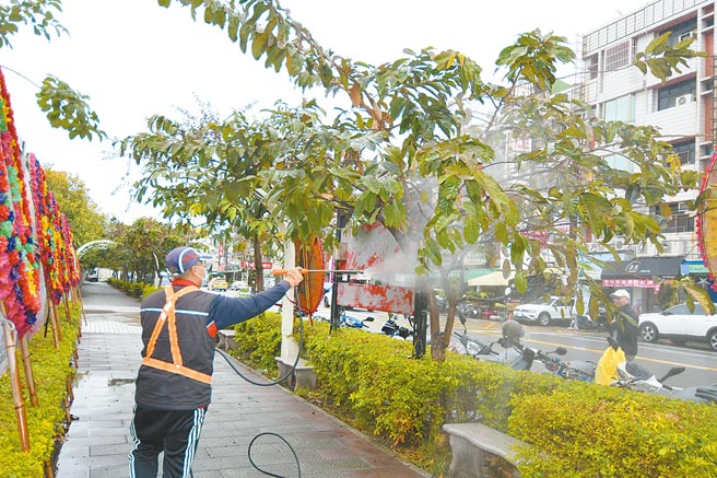 彰化市彰安国中、平和国小外整排大花紫薇行道树，近来因遭虫害染病，频频滴落黑油，清洁队人员採用生物防治法；昨日第3度前往喷洒菌液，滴黑油情况已大幅改善。（公所提供／谢琼云彰化传真）