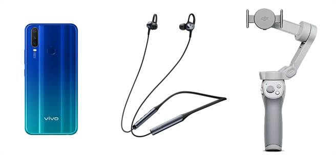 vivo选定12/25在台南开设体验店，活动当日限量买X50 Pro送Y12（左）以及无线蓝牙耳机（中）；买X50则送DJI OM4稳定器（右）。（vivo提供／黄慧雯台北传真）
