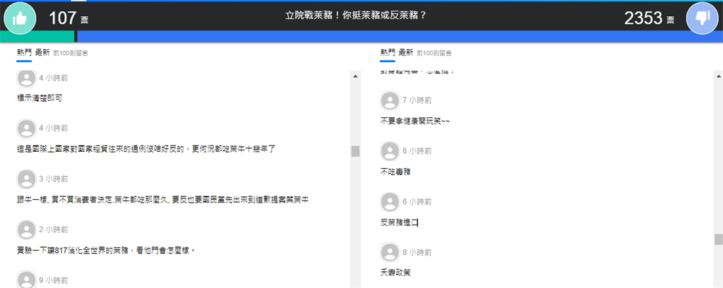 Yahoo24日舉行網路投票「立院戰萊豬！你挺萊豬或反萊豬？」。(圖/翻攝自 yahoo投票網站)
