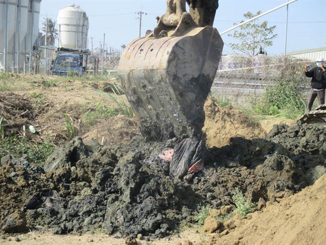 环保局会同相关单位现场开挖，果然挖出大量腐烂尸袋，现场臭气衝天。（嘉义县政府提供∕吕妍庭嘉义传真）