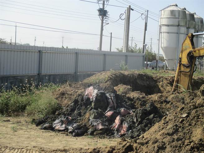 环保局会同相关单位现场开挖，果然挖出大量腐烂尸袋，现场臭气衝天。（嘉义县政府提供∕吕妍庭嘉义传真）