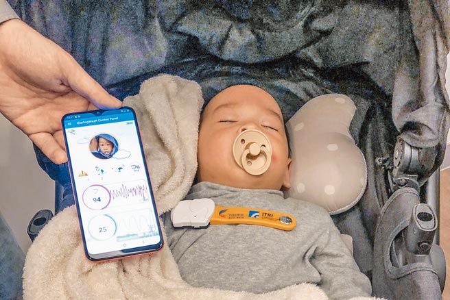 工研院嬰幼兒智慧照護裝置可結合包巾放置在嬰幼兒胸口，完全不需接觸到寶寶細嫩皮膚，就能24小時偵測並記錄寶寶的心跳、呼吸與活動力。（羅浚濱攝）